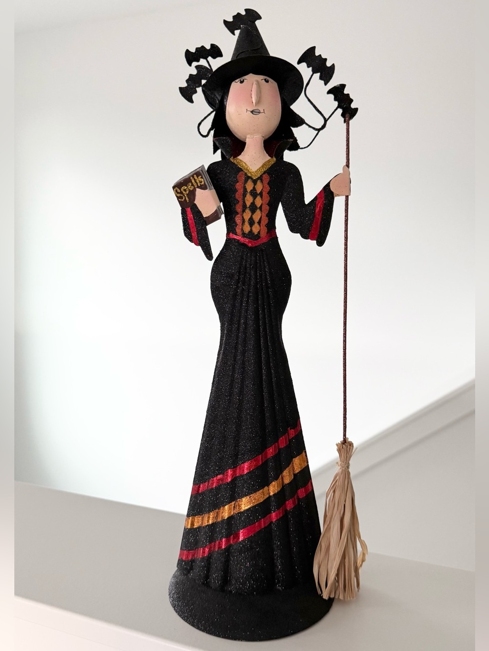 PIER 1 Halloween Witch Figurine 17” 
with Spinning Bat Hat / Spells Book - RARE